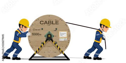 Two workers are spreading  the cable on transparent background