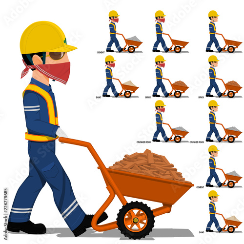 Set of worker is walking with construction material (sand ,cement,crushed rock, brick) on transparent background