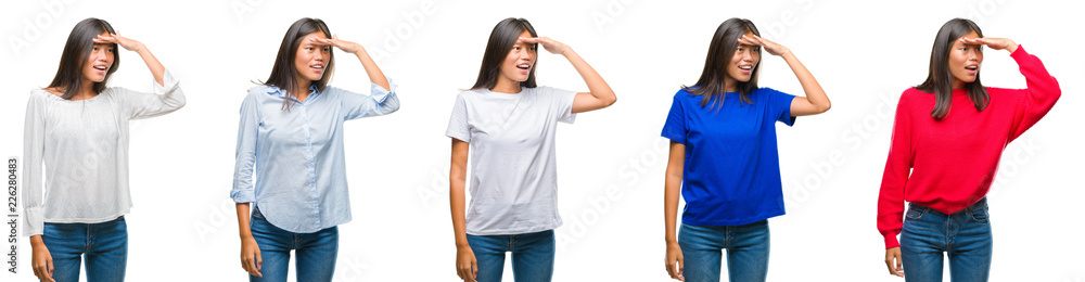 Composition of chinese asian woman over isolated background very happy and smiling looking far away with hand over head. Searching concept. Composition of chinese asian woman over isolated background very happy and smiling looking far away with hand over head. Searching concept.