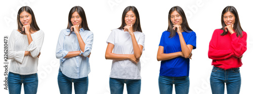 Composition of chinese asian woman over isolated background looking confident at the camera with smile with crossed arms and hand raised on chin. Thinking positive. © Krakenimages.com