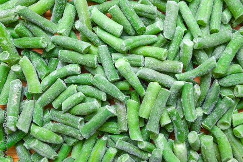 frozen chopped green beans, flat lay, background, texture