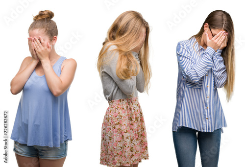 Collage of group of blonde women over isolated background with sad expression covering face with hands while crying. Depression concept.