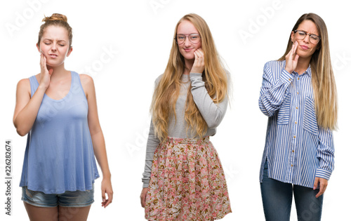 Collage of group of blonde women over isolated background touching mouth with hand with painful expression because of toothache or dental illness on teeth. Dentist concept.