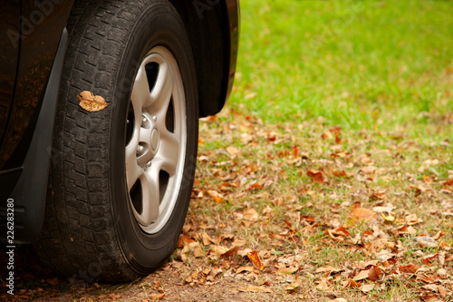 Car wheel on the autumn leaves. The car stands on the autumn dry leaves. Autumn season in urban setting. © Evgeniya369