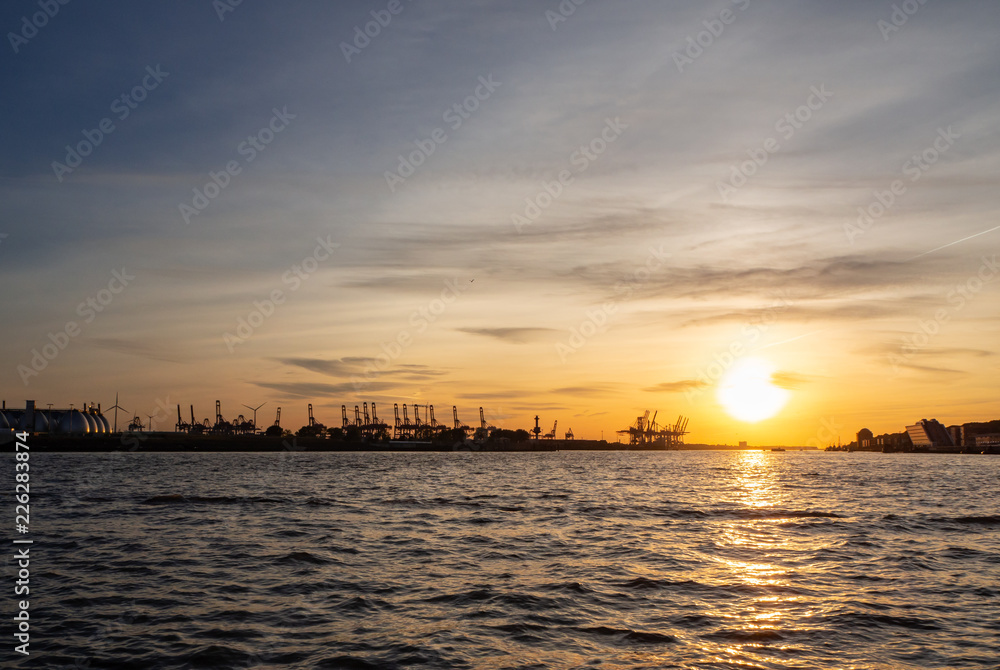 Hamburg, Germany. Tour with the boat in the port at sunset