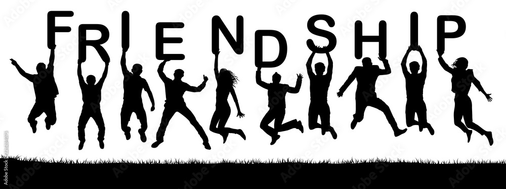 Happy people jumping, hold the letters in their hands. Text word friendship. Vector silhouette