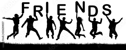 Cheerful happy people friends in a jump. Vector silhouette. Hold the letters in their hands, the word friends