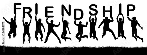 Happy people jumping, hold the letters in their hands. Text word friendship. Vector silhouette