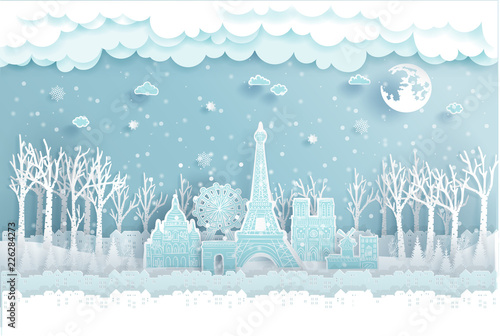 Christmas card with landmark concept, city of Paris, France. World famous landmarks in paper cut style vector illustration.