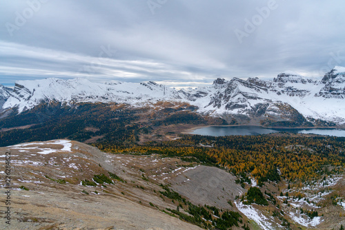 Fall colors accent snow covered peaks in Canada