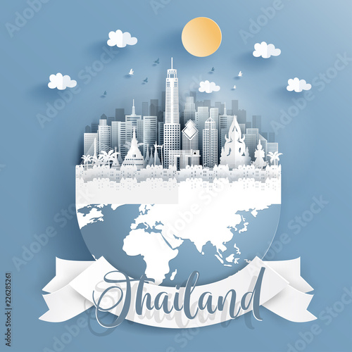 Thailand landmarks on earth in paper cut style vector illustration.