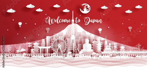 Panorama postcard of world famous landmarks of Japan in paper cut style vector illustration