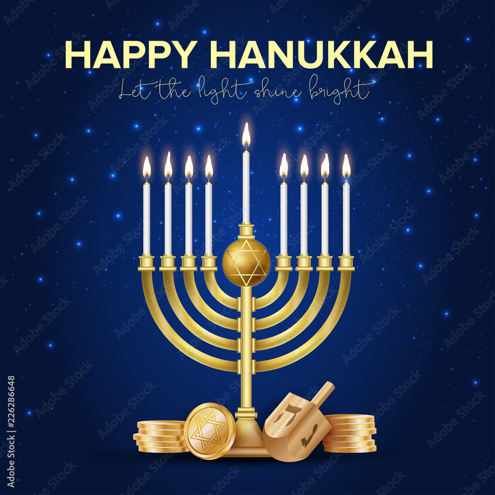 Jewish holiday Hanukkah background, realistic menorah (traditional  candelabra), burning candles, bokeh effect. Vector illustration. Stock  Vector | Adobe Stock
