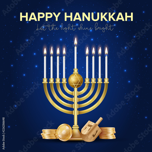 Jewish holiday Hanukkah background, realistic menorah (traditional candelabra), burning candles, bokeh effect. Vector illustration.