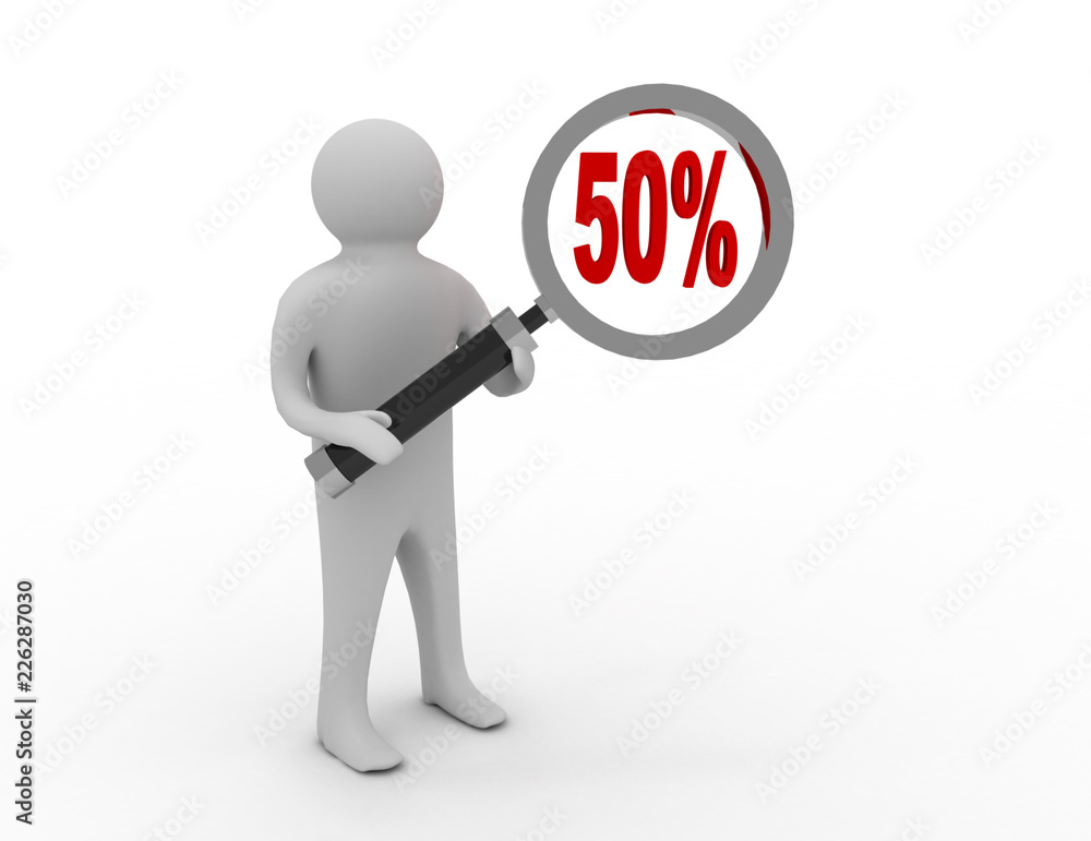 3d people - man, person with magnifying glass and 50% 3d people - man, person with magnifying glass and 50%