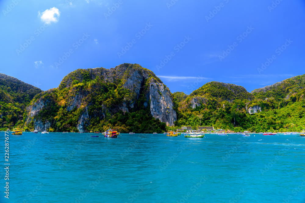Boats and rocks, Phi Phi Don island, Andaman sea, Krabi, Thailan