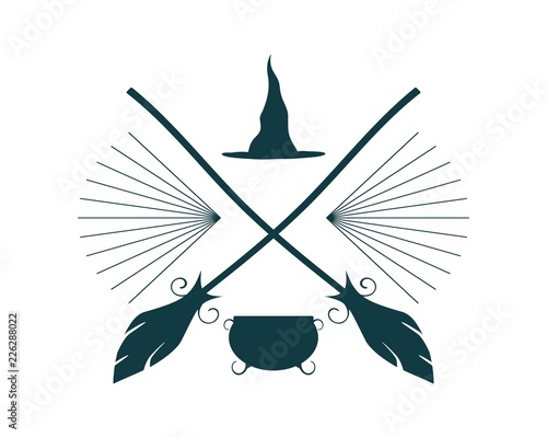 Abstract emblem with Halloween theme. Broomsticks, witch hat and caldron