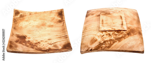 Front and back of square wood plate isolated on white background