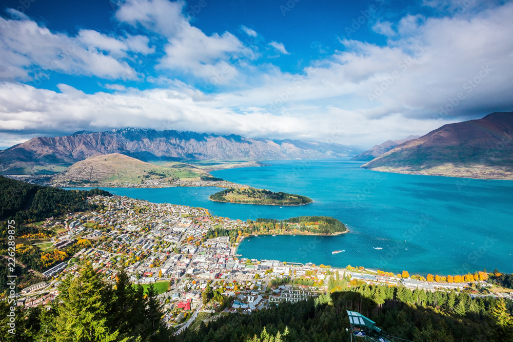 Aerial view of Queenstown in South Island, New Zealand