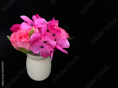 Fototapeta Naklejka Na Ścianę i Meble -  pink flower in vase on black background