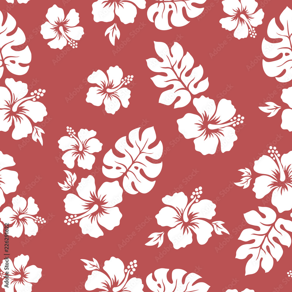 Tropical background with hibiscus flowers. Seamless hawaiian pattern. Exotic vector illustration