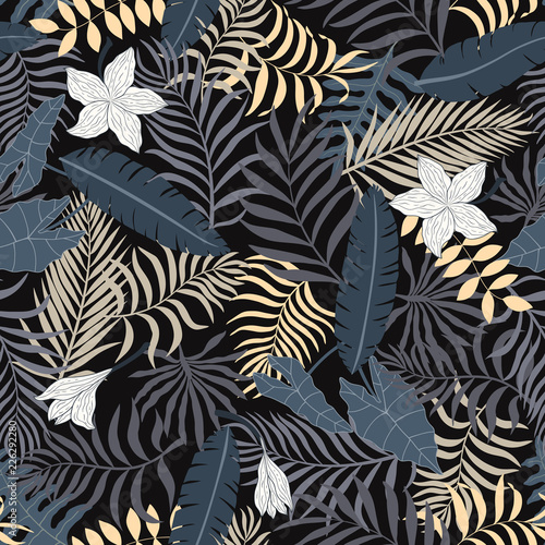 Tropical background with palm leaves and flowers. Seamless floral pattern. Summer vector illustration. Flat jungle print