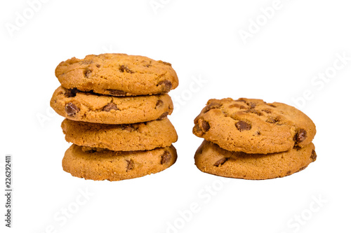 Fresh chocolate chip cookies isolated on white background