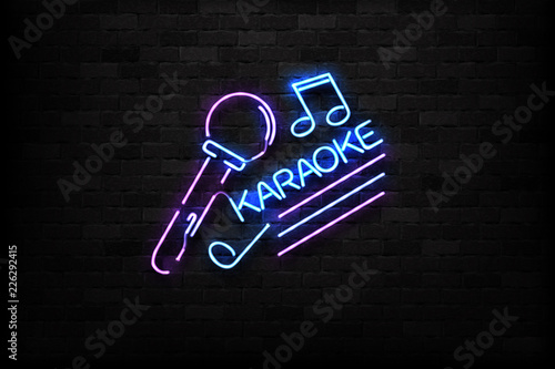 Vector realistic isolated neon sign of Karaoke logo for decoration and covering on the wall background. Concept of night club and live music.