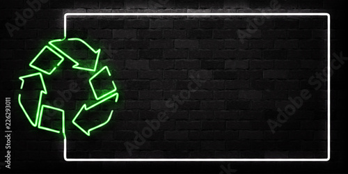 Vector realistic isolated neon sign of Recycle frame logo for decoration and covering on the wall background. Concept of environment and pollution.