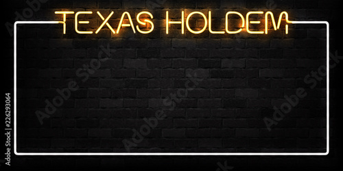 Vector realistic isolated neon sign of Texas Holdem frame logo for decoration and covering on the wall background. Concept of casino and poker rules. photo