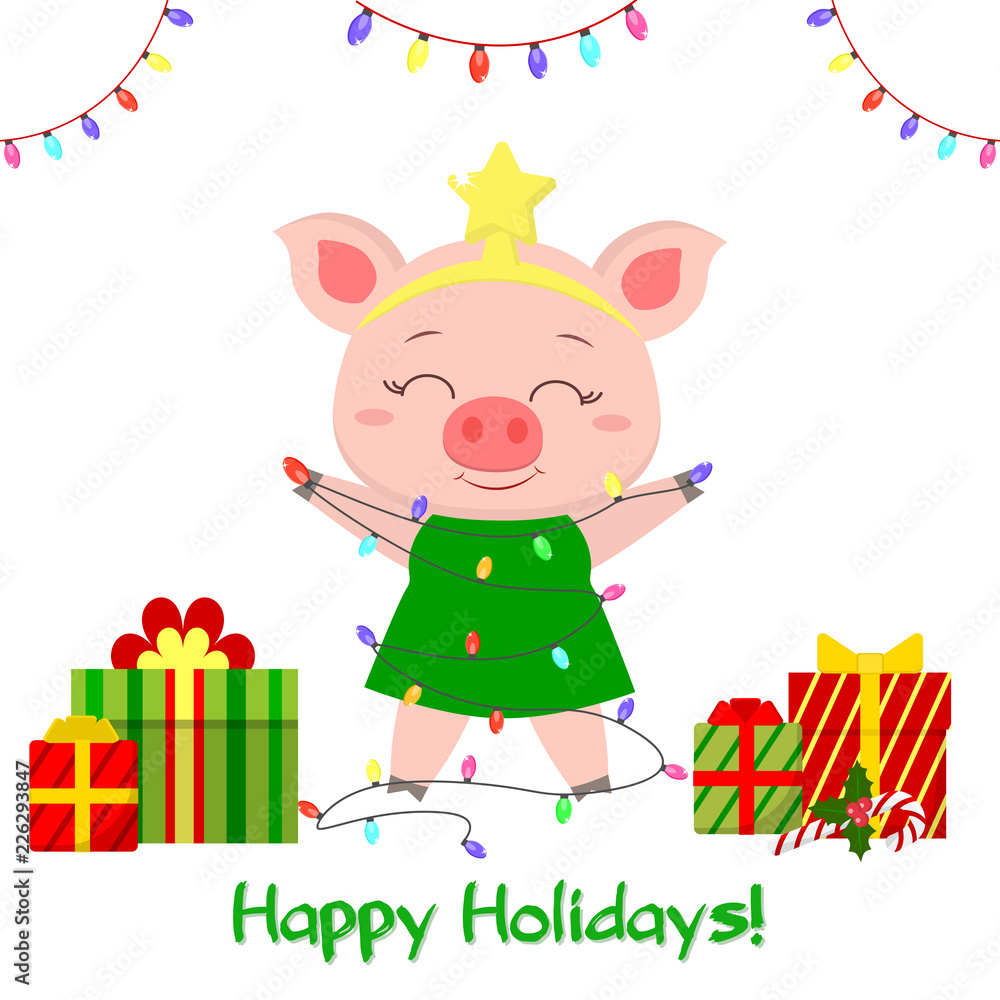 Happy New Year and Merry Christmas Greeting Card. A cute pig in the image of a Christmas tree is holding garlands, boxes of gifts. The symbol of the new year in the Chinese calendar. Vector