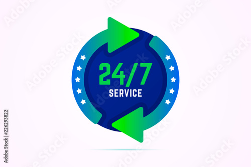 24 7 hours service vector sign with green arrows.