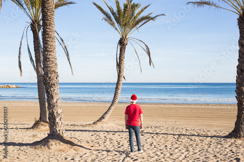 Christmas, humor, holidays concept - Man in Santa hat on the beach, back view