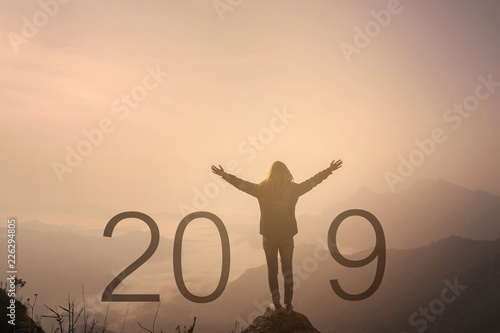Young traveler standing and looking at beautiful landscape on top of mountain, New Year 2019 celebration concept