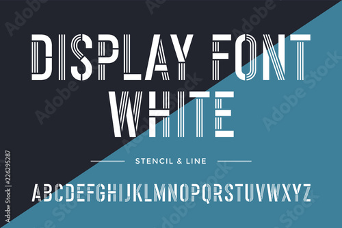 Stencil line font. Condensed alphabet and font. Condensed bold uppercase stencil line letters. Type, typography letter latin font. Hand-drawn font for headline, text. Vector Illustration