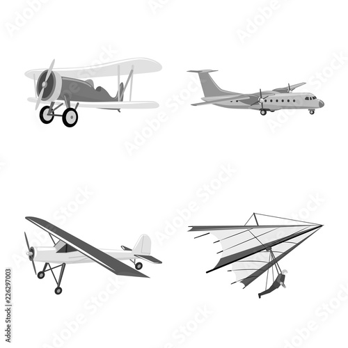 Vector design of plane and transport icon. Set of plane and sky stock vector illustration.
