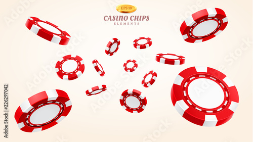 Red 3d casino chips or flying realistic tokens for gambling, entertainment house volumetric blank or empty cash for roulette or poker, blackjack. Gamble and winner, risk and luck, betting and fortune