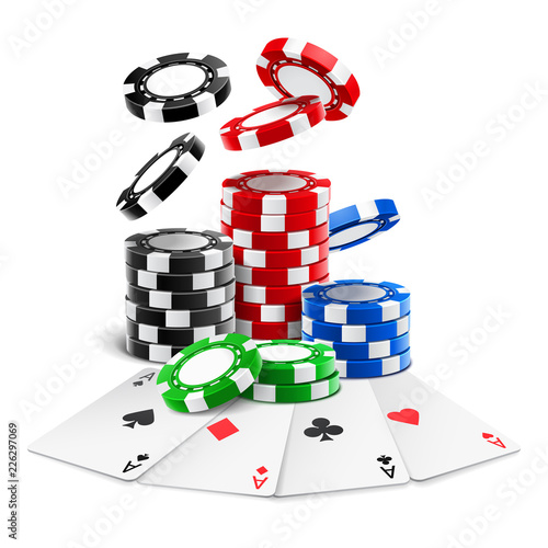 Aces lying near realistic casino chips or playing cards of different suits and stack of falling gambling 3d tokens for blackjack or sport poker. Gaming and gamble, luck and winning theme