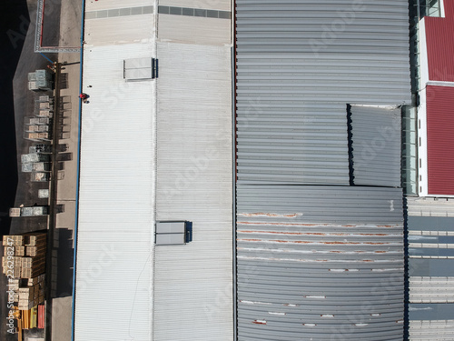 Aerial view from a factory building, wharehouse. Drone photo