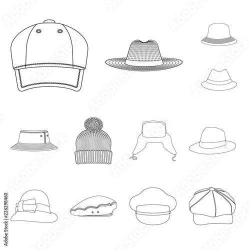 Vector illustration of headgear and cap sign. Set of headgear and accessory stock vector illustration.