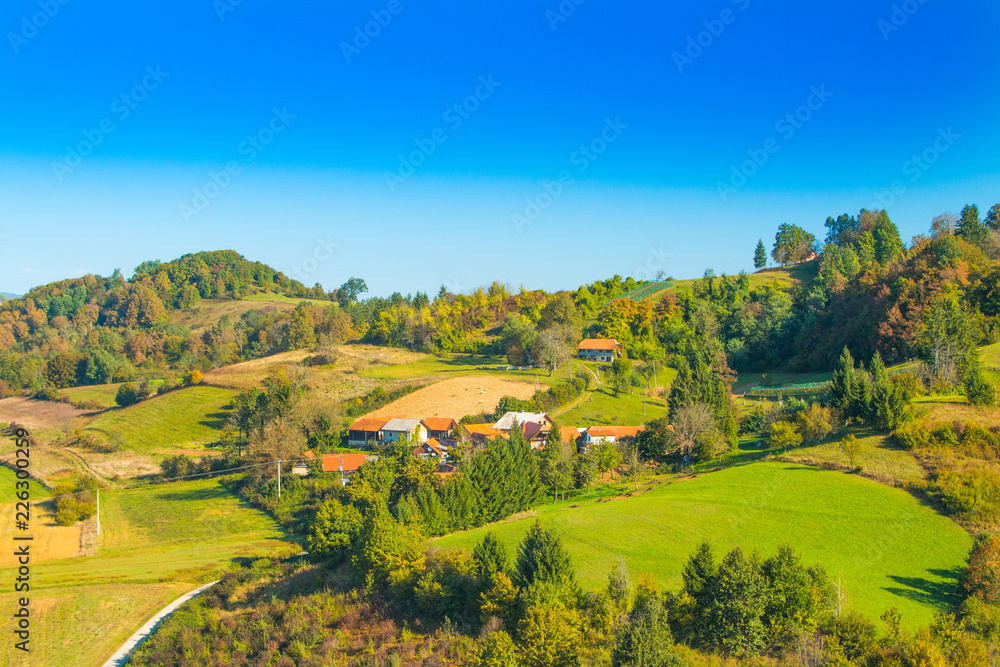 Remote village in Karlovac county, Croatian countryside landscape, panoramic view 