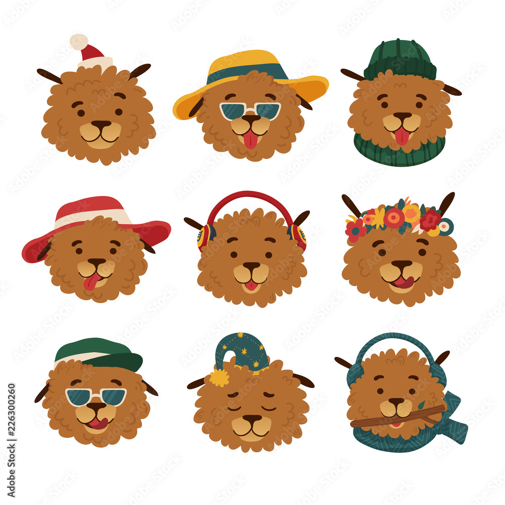 Set cute dog avatar with different cap and hat. Funny character doggy for different seasons. Face puppies with accessories, headphones, summer hats and flower wreaths. Vector.
