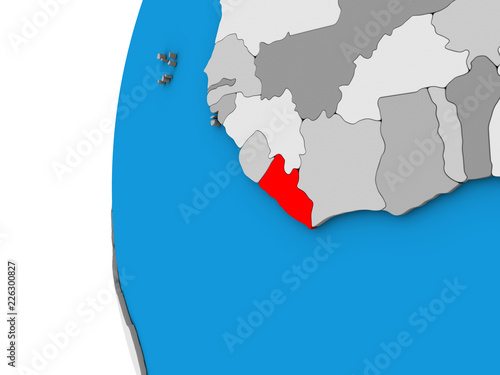 Liberia on blue political 3D globe.