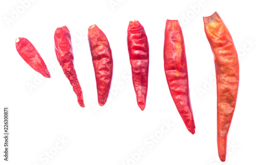 Close up of red dried chilli for food ingredient isolated on white background