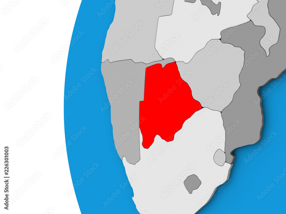 Botswana on blue political 3D globe.