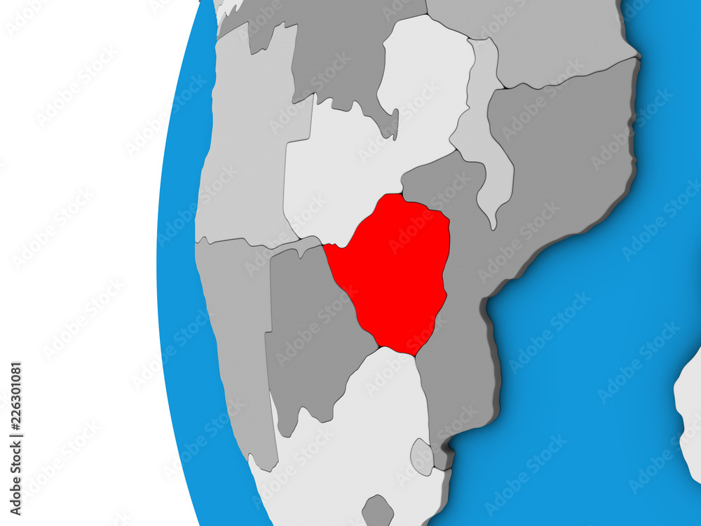 Zimbabwe on blue political 3D globe.