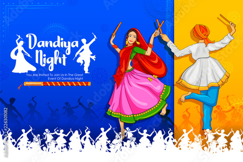 Couple playing Dandiya in disco Garba Night poster for Navratri Dussehra festival of India