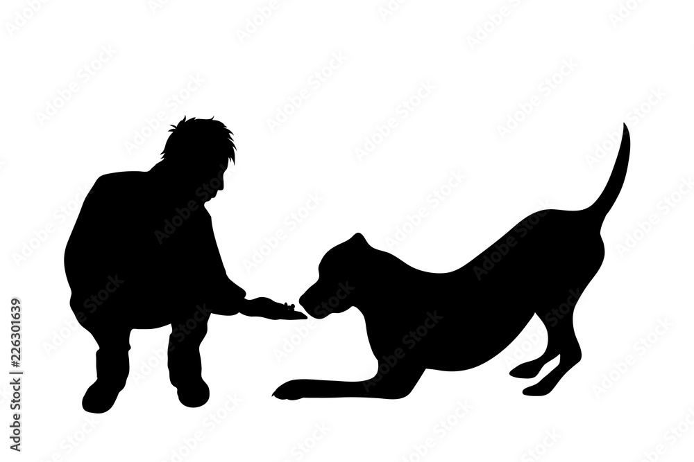 Vector silhouette of man with dog white background.