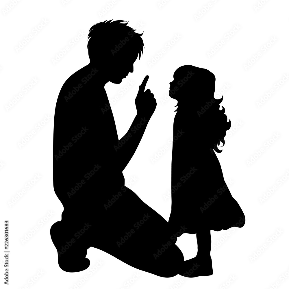 Vector silhouette of father with daughter on white background.