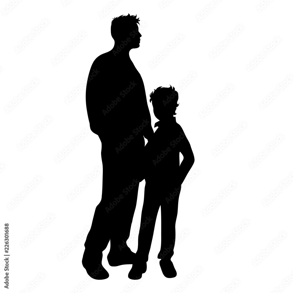 Vector silhouette of father with son on white background.